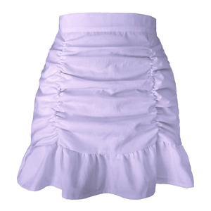 Detail view of high waist lavender mini skirt with ruched front and ruffled hemline
