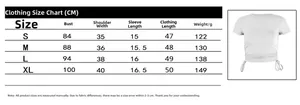 Size chart for women's short sleeve T-shirt with drawstring waist design and dimensions