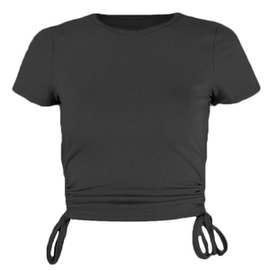 Detailed view of the ribbed fabric texture and adjustable side drawstrings on this black crop top