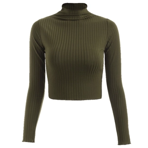 Detail shot of army green ribbed knit fabric on a slim fit turtleneck crop top