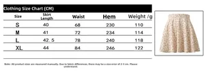 Size guide for floral chiffon mini skirt featuring waist and length measurements in centimeters