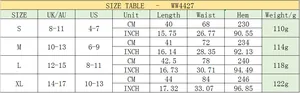 Detailed size chart for floral chiffon mini skirt showing S to XL waist and length measurements