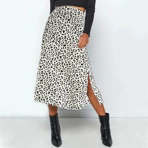 Damen Chiffon-Midirock mit Leopardenmuster hohem Bund Seitenschlitz und weitem Saum