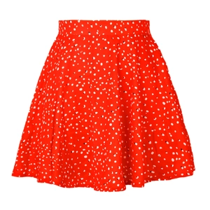 Detailed flat lay of high-waist red floral mini skirt with elegant A-line pleated hemline