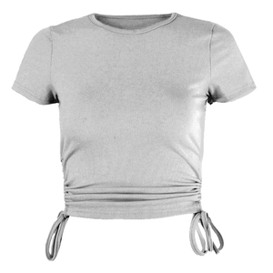 Close-up of gray short sleeve T-shirt with ribbed knit texture and side drawstring details