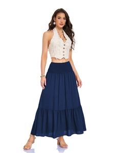 Detail of high waisted navy blue tiered skirt with elastic waistband and boho textures