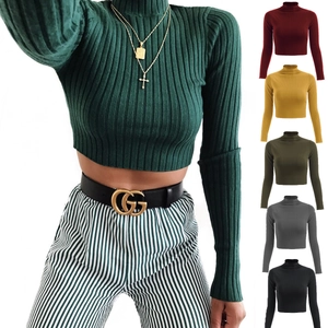Women Sexy Mock Neck Long Sleeve Crop Top Ribbed Knit Polyester Blend Slim Fit Solid Color Tee Shirt Casual Autumn Blouse