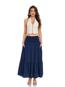Detail of high waist elastic smocked waistband on dark blue A-line maxi skirt