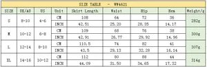 Size chart for high waist slim fit knit skirt showing measurements in CM and inches