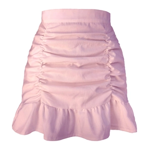 Pink high-waisted ruched mini skirt with ruffle hem and zipper closure for women