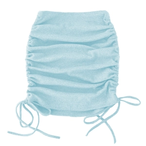Detail view of light blue knitted skirt with side drawstrings and ruched texture details