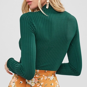 Slim fit dark green ribbed knit long sleeve t-shirt with mock neck for women