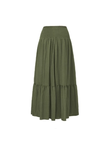 Detail of army green tiered maxi skirt with high elastic waist and cotton linen texture