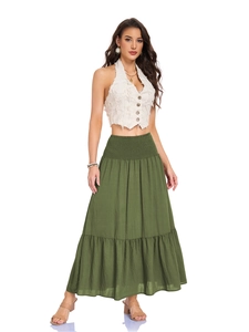 Detail of high waist olive green tiered A-line maxi skirt with elastic smocked waist