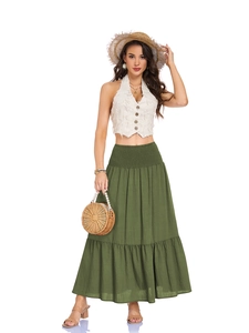 Detailed close-up of the elastic high waist and pocket on the olive green A-line maxi skirt