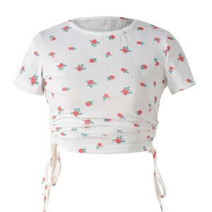 Women's floral print short sleeve crop top with drawstring waist in cream and red