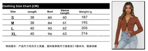 Detailed size guide table for slim fit long sleeve ribbed zipper top in various sizes