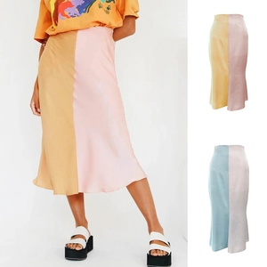 Damen High Waist Satin Farbblock Midirock Lässig Spleißen A-Linie Kontrastfarbe Sommer Büro Damen Rock