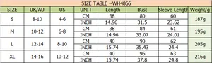 Size chart for slim fit long sleeve top with measurements in CM and INCH for S to XL