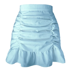 Detailed view of light blue ruffled skirt with horizontal ruching and fishtail hemline