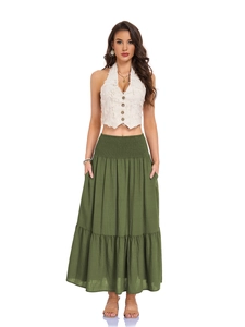 Detail of high waisted olive green tiered maxi skirt with functional side pockets