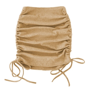Detailed view of the side drawstring and ruched texture on this khaki knitted skirt