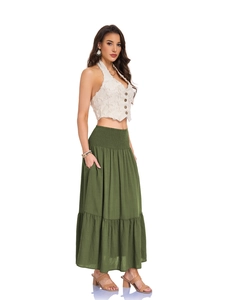 Bohemian olive green high-waisted maxi skirt with elastic waistband and pleated hem details