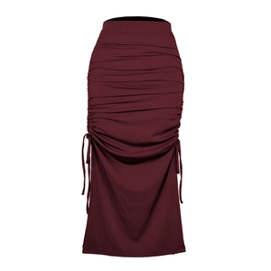 Detail view of burgundy ribbed knit midi skirt featuring side drawstring ruched design