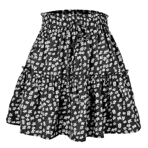 Jupe trapèze à fleurs taille haute avec cordon élastique et ourlet à volants
