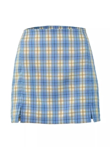 Mini-jupe à carreaux taille haute avec fentes latérales en motif tartan bleu et brun