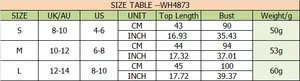 Detailed size guide table for backless halter top including bust and length measurements