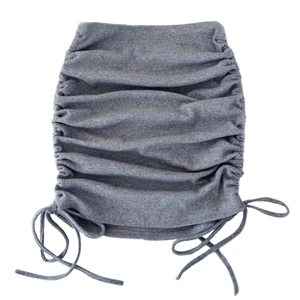 Heather grey ribbed knit mini skirt with adjustable side drawstring and ruched design