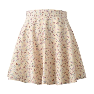 Detail view of high waist floral chiffon skirt with elegant pleated A-line silhouette