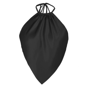 Detail of black satin halter bandana top showing pleated neckline and multi-string straps