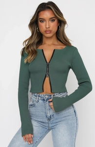 Detailed close-up of ribbed texture and metal double zipper on slim fit long sleeve top