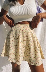 Detail shot of lightweight floral chiffon mini skirt with red and purple flower pattern