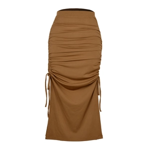 Brown ruched knit midi skirt with high waist and adjustable side drawstrings