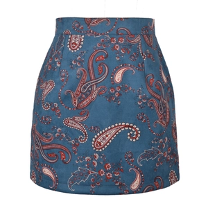 Mini-jupe trapèze taille haute en suédine bleu marine avec imprimé cachemire élégant