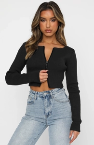 Close-up of black ribbed long-sleeve crop top with low square neck and center zipper detail