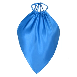 Detail view of glossy bright blue satin halter top with pleated neckline and triangular hem