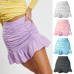 Women Ruched Ruffle Mini Skirt High Waisted Slim Fit Cotton Blend Bodycon Short Skirt Sweet Summer Bottoms