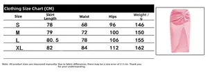 Size guide table for high waist pink satin midi skirt showing length and waist measurements