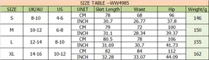 Size chart table for French style irregular satin skirt with measurements in CM and INCH