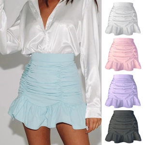 Slim fit high waist mini skirt with layered ruffles and ruching details in five colors
