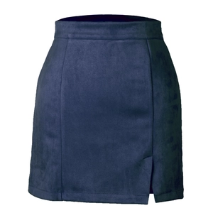 Mini-jupe taille haute en daim bleu marine avec coutures et fente latérale discrète