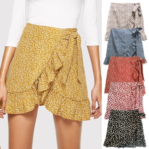 Women High Waist Ruffle Wrap Skirt Floral Leopard Print Irregular Mini Skirt Boho Summer Casual Lace Up Skirt