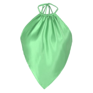 Detail of light green satin halter top showing delicate pleats and glossy silk texture