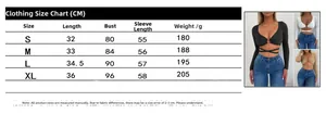 Detailed size chart for long sleeve crop top with V-neck and hollow out bandage design