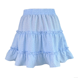 Close-up of sky blue high-waisted floral mini skirt with tiered ruffle layers and elastic band