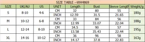 Size chart for slim long sleeve V-neck crop top detailing S-XL measurements in inches and cm